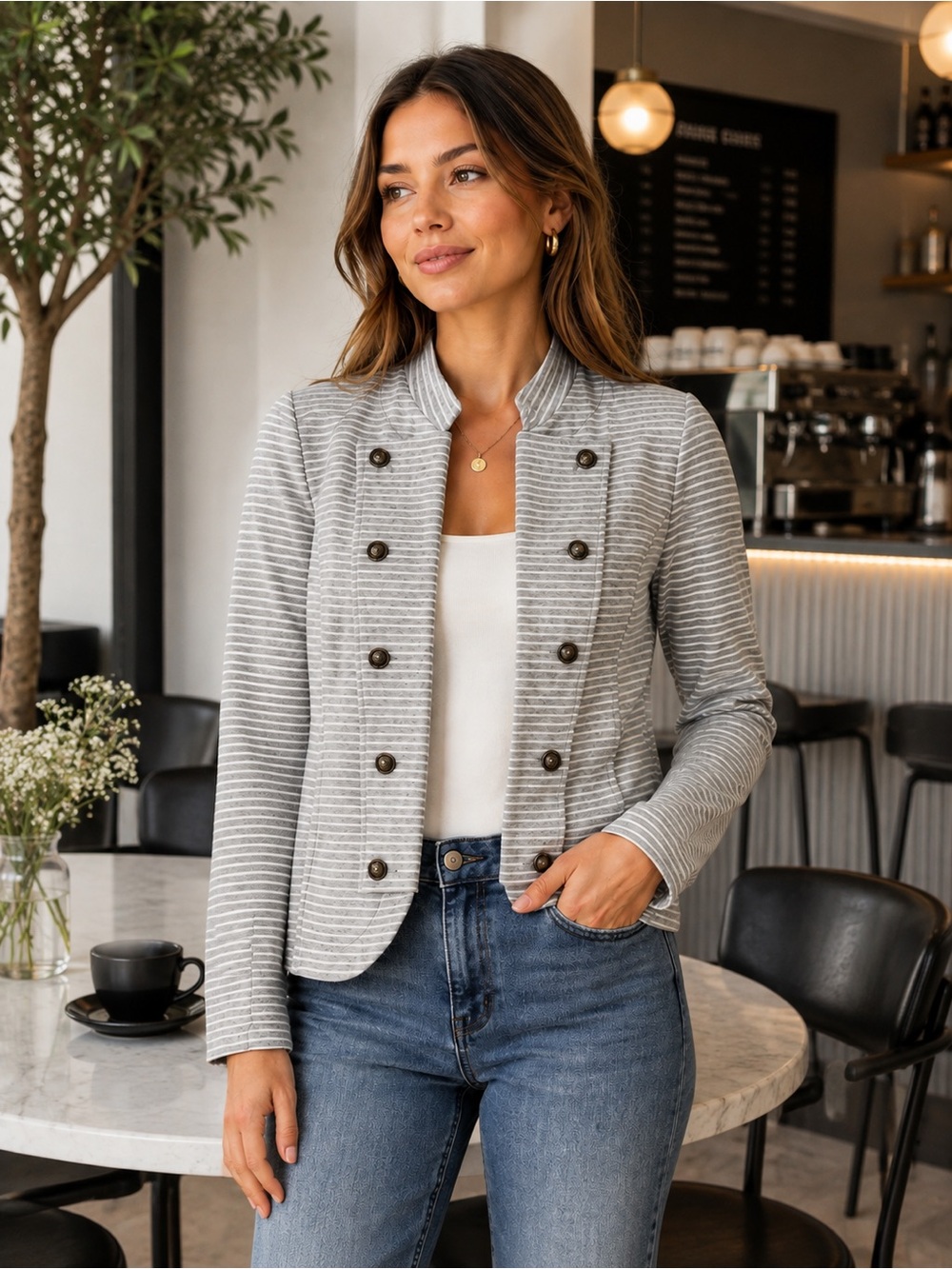 Tommy Hilfiger Gray Striped Double-Breasted Blazer
